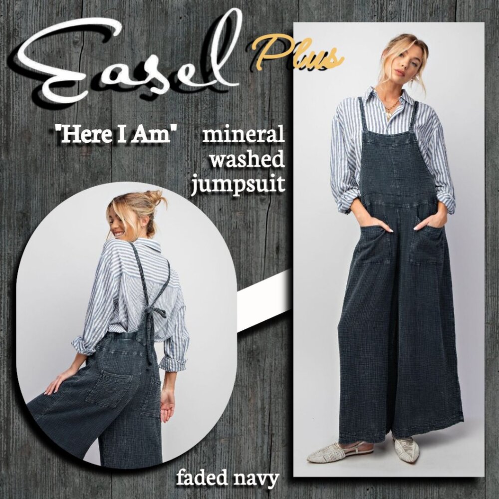 EASEL "Here I Am" Mineral Washed Wide Leg Jumpsuit Adjustable Tie Straps Pockets